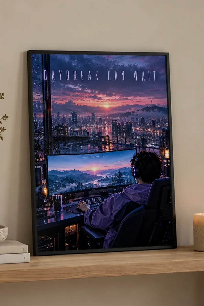 "Daybreak Can Wait" Premium Wooden Framed Poster - the graphic up close