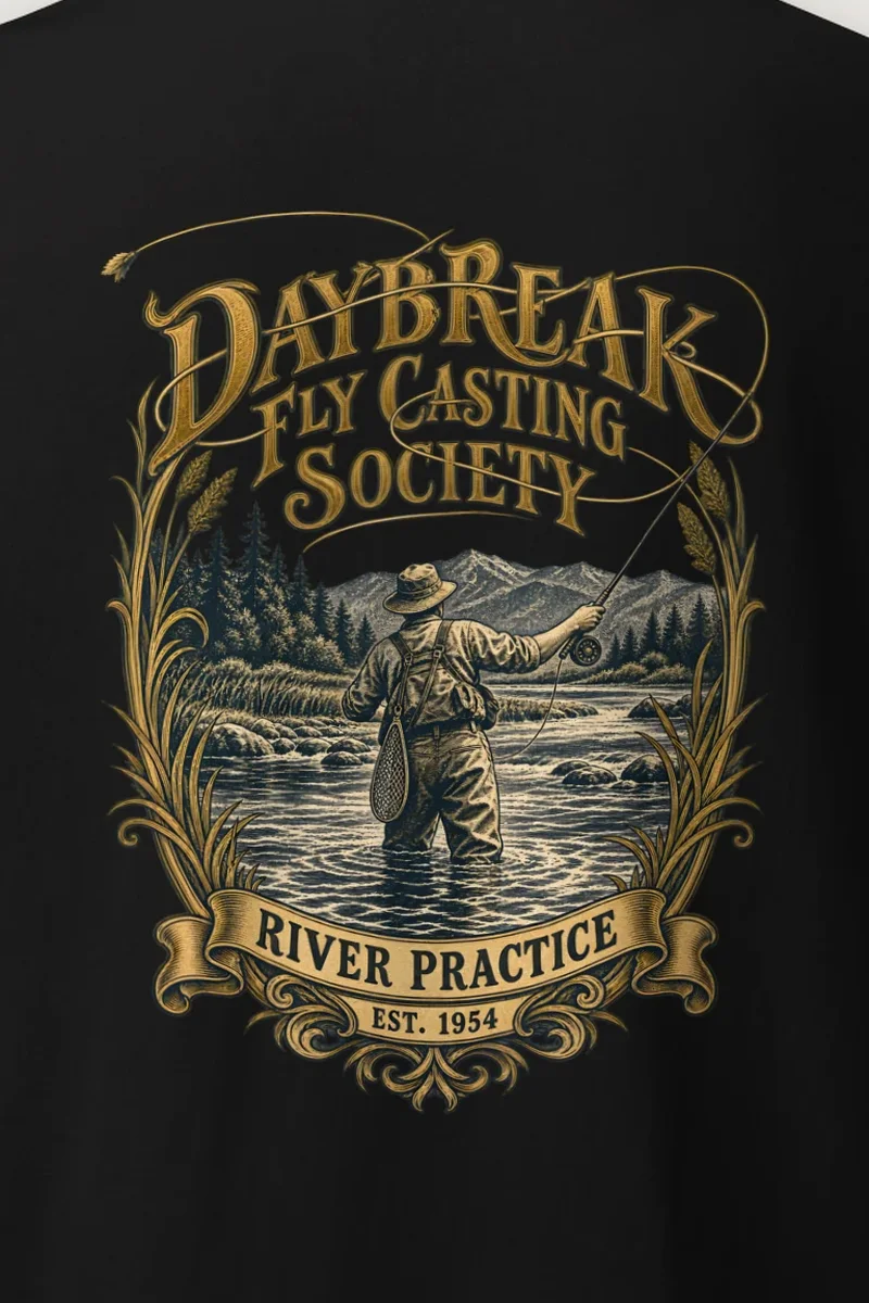 "Daybreak Fly Casting Society" Heavyweight Unisex Crewneck T-shirt - the graphic up close
