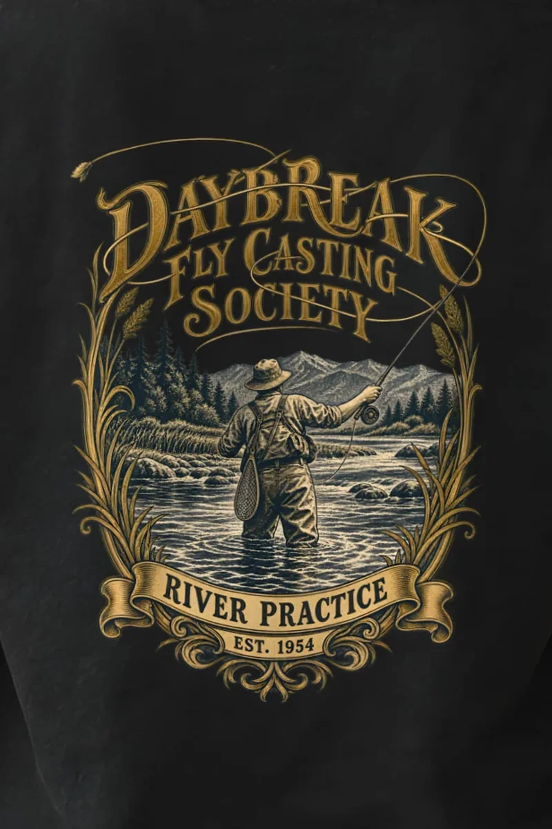 "Daybreak Fly Casting Society" Heavyweight Unisex Crewneck T-shirt - the graphic up close