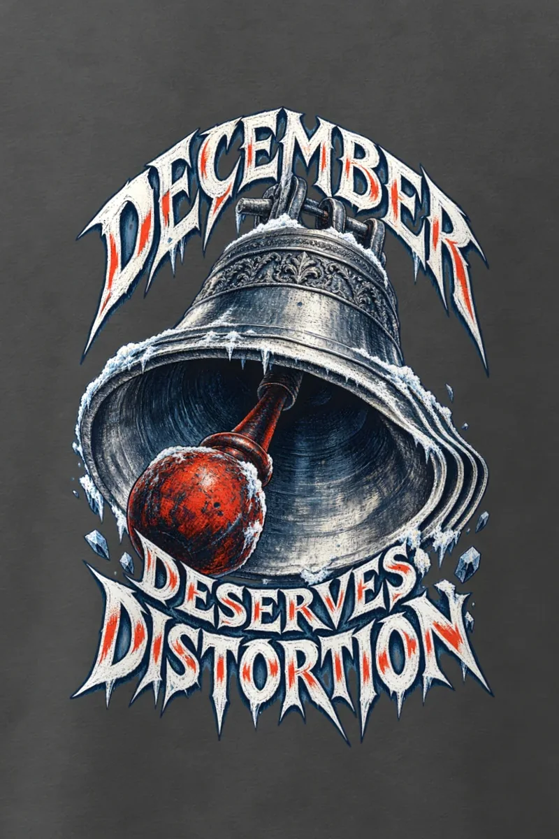 "December Deserves Distortion" Men’s Oversized Heavyweight Crewneck T-Shirt - the graphic up close