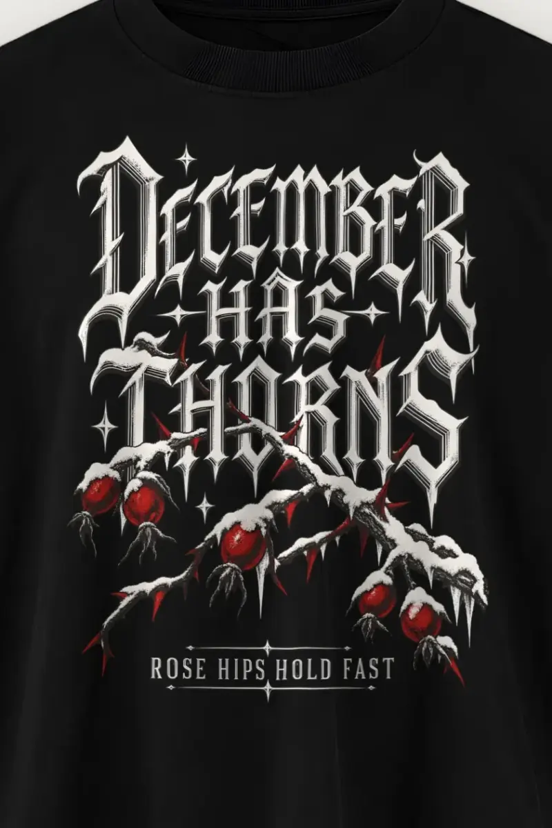 "December Has Thorns" Men’s Oversized Heavyweight Crewneck T-Shirt - the graphic up close