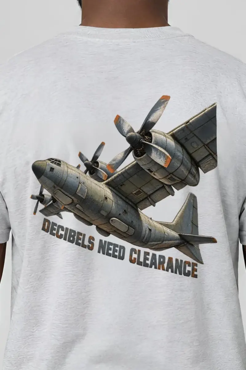 "Decibels Need Clearance" Heavyweight Unisex Crewneck T-shirt - the graphic up close