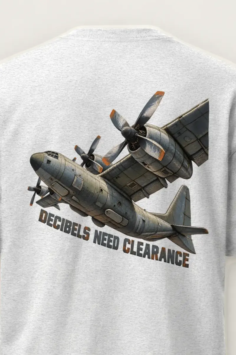 "Decibels Need Clearance" Heavyweight Unisex Crewneck T-shirt - the graphic up close