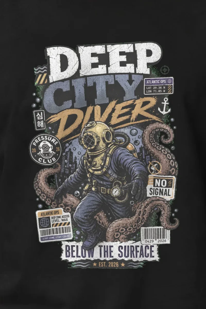 "Deep City Diver" Unisex Longsleeve T-shirt - the graphic up close