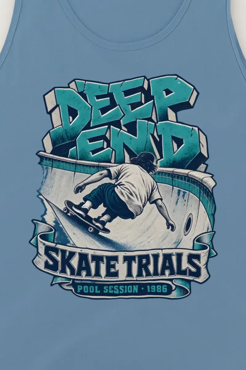 "Deep End Skate Trials" Unisex Jersey Tank - the graphic up close