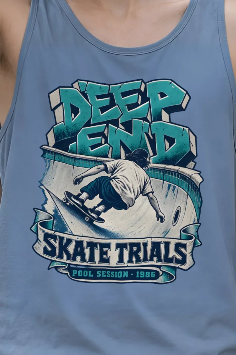 "Deep End Skate Trials" Unisex Jersey Tank - the graphic up close