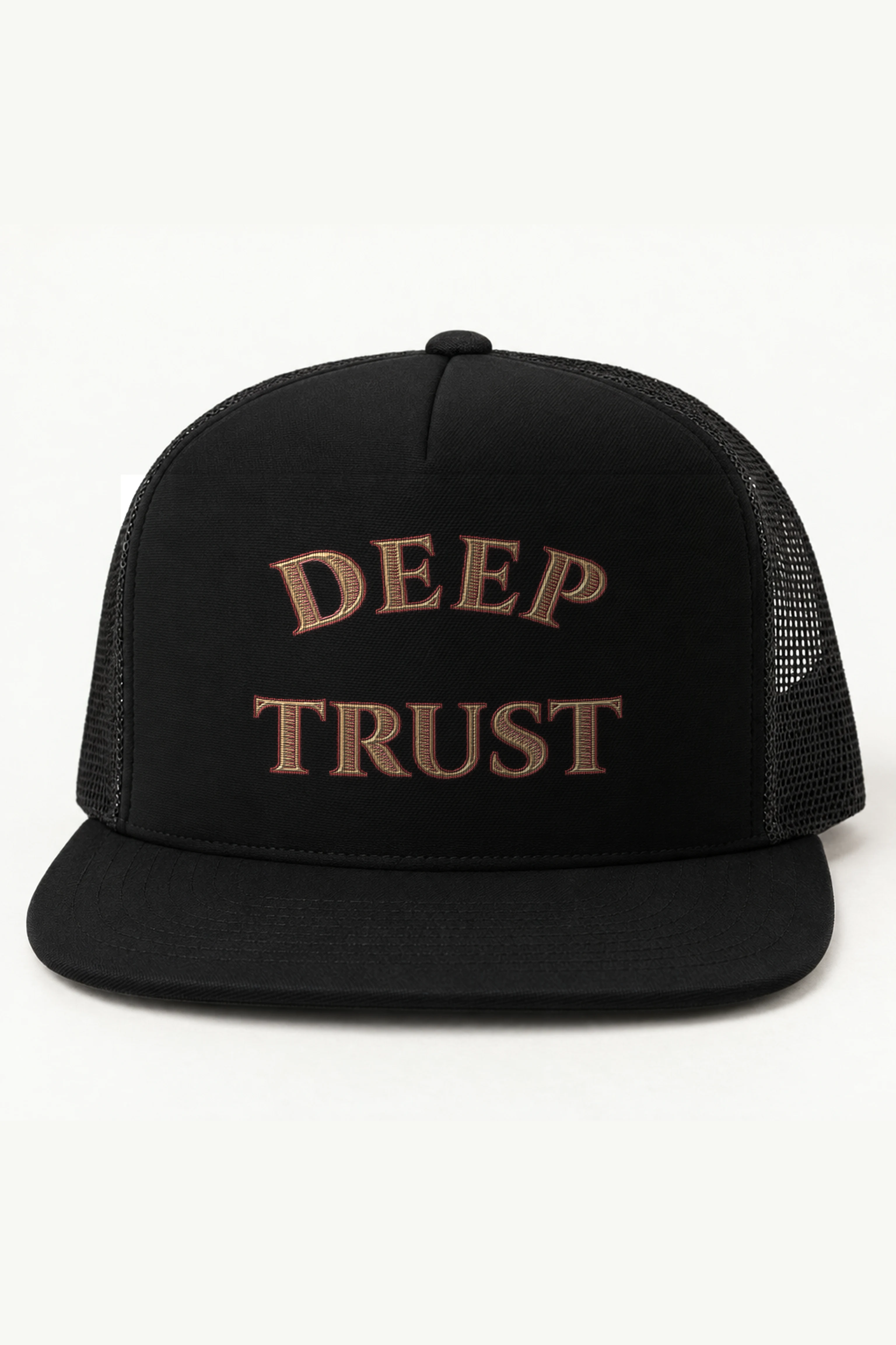 "DEEP TRUST" 5 Panel Trucker Cap · Embroidered