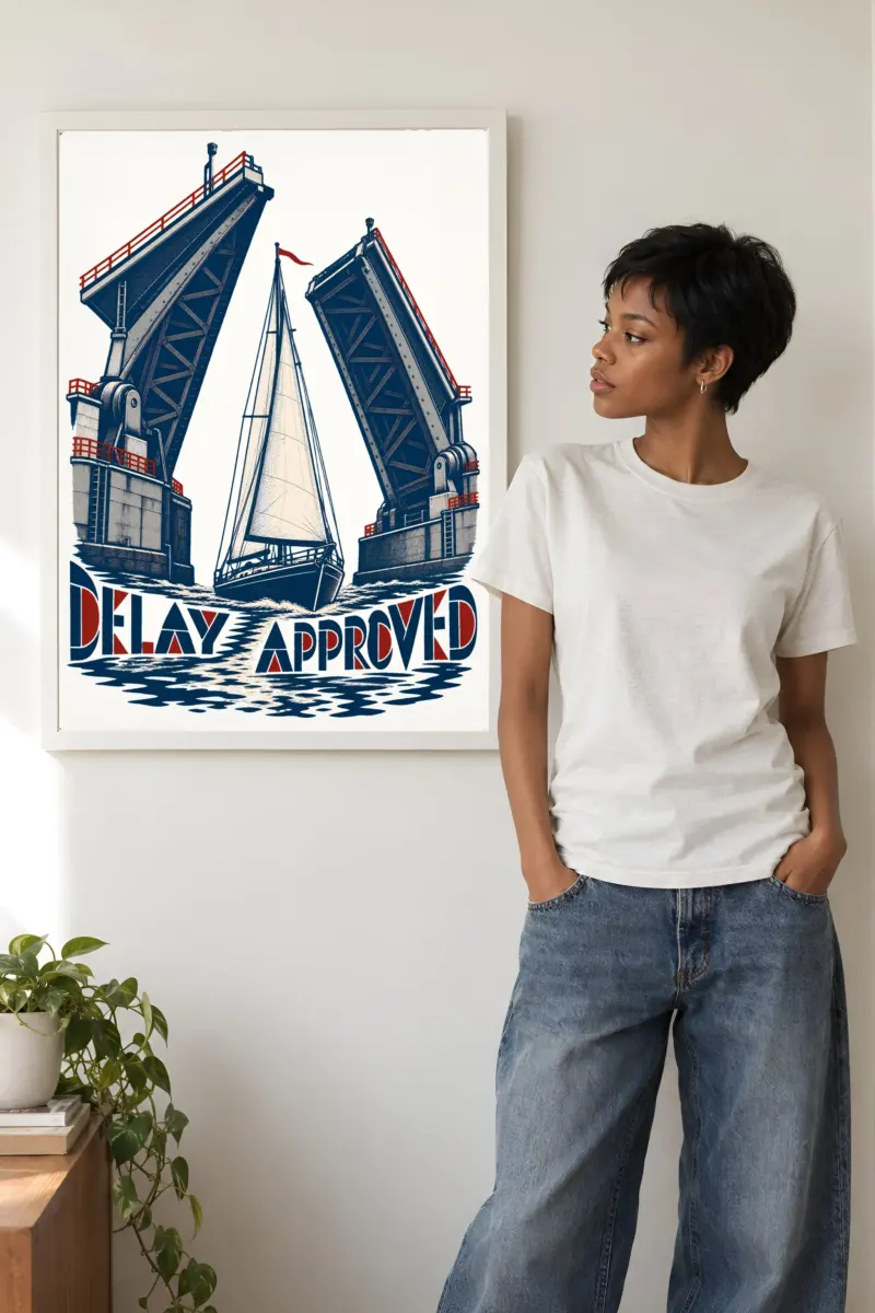 “Delay Approved Drawbridge Sailboat” Premium Wooden Framed Poster