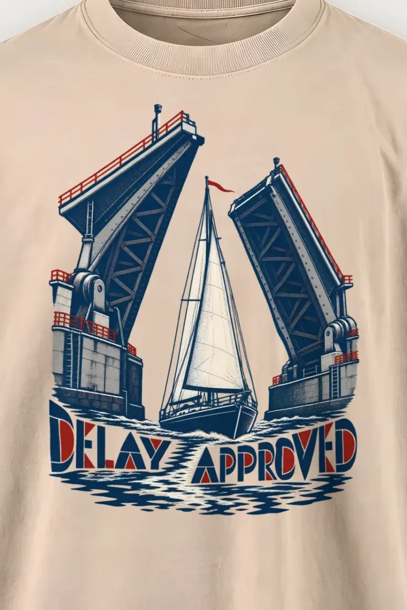 "Delay Approved" Men’s Oversized Heavyweight Crewneck T-Shirt - the graphic up close