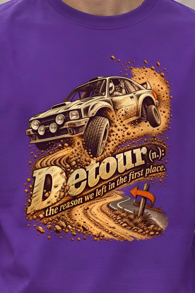 "Detour Rally Car" Heavyweight Unisex Crewneck T-shirt - the graphic up close