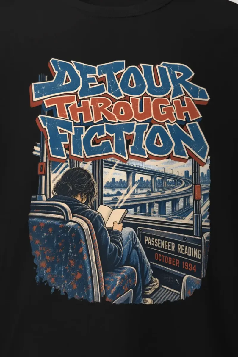 "Detour Through Fiction" Heavyweight Unisex Crewneck T-shirt - the graphic up close