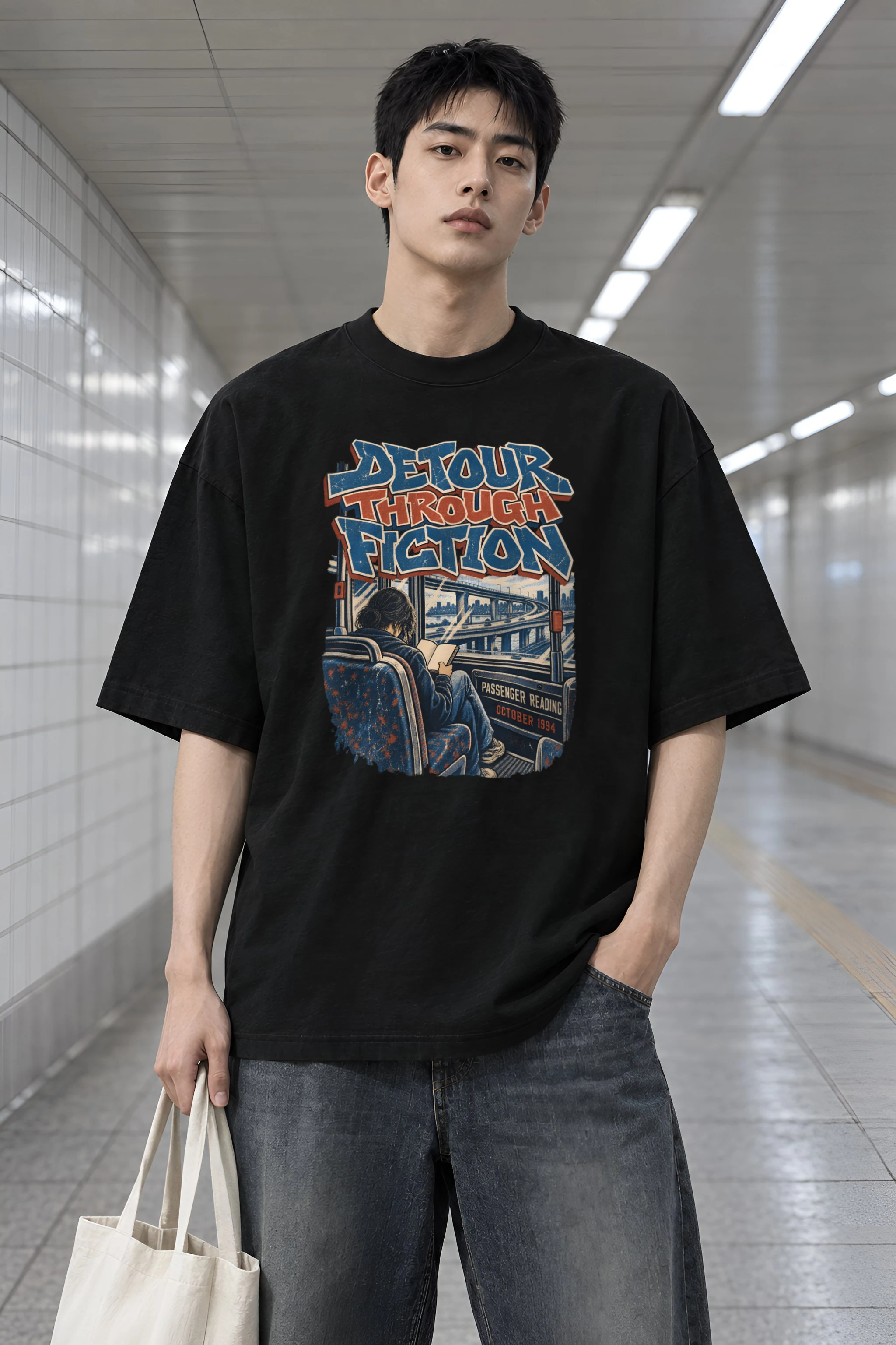 "Detour Through Fiction" Men's Oversized Heavyweight Crewneck T-Shirt