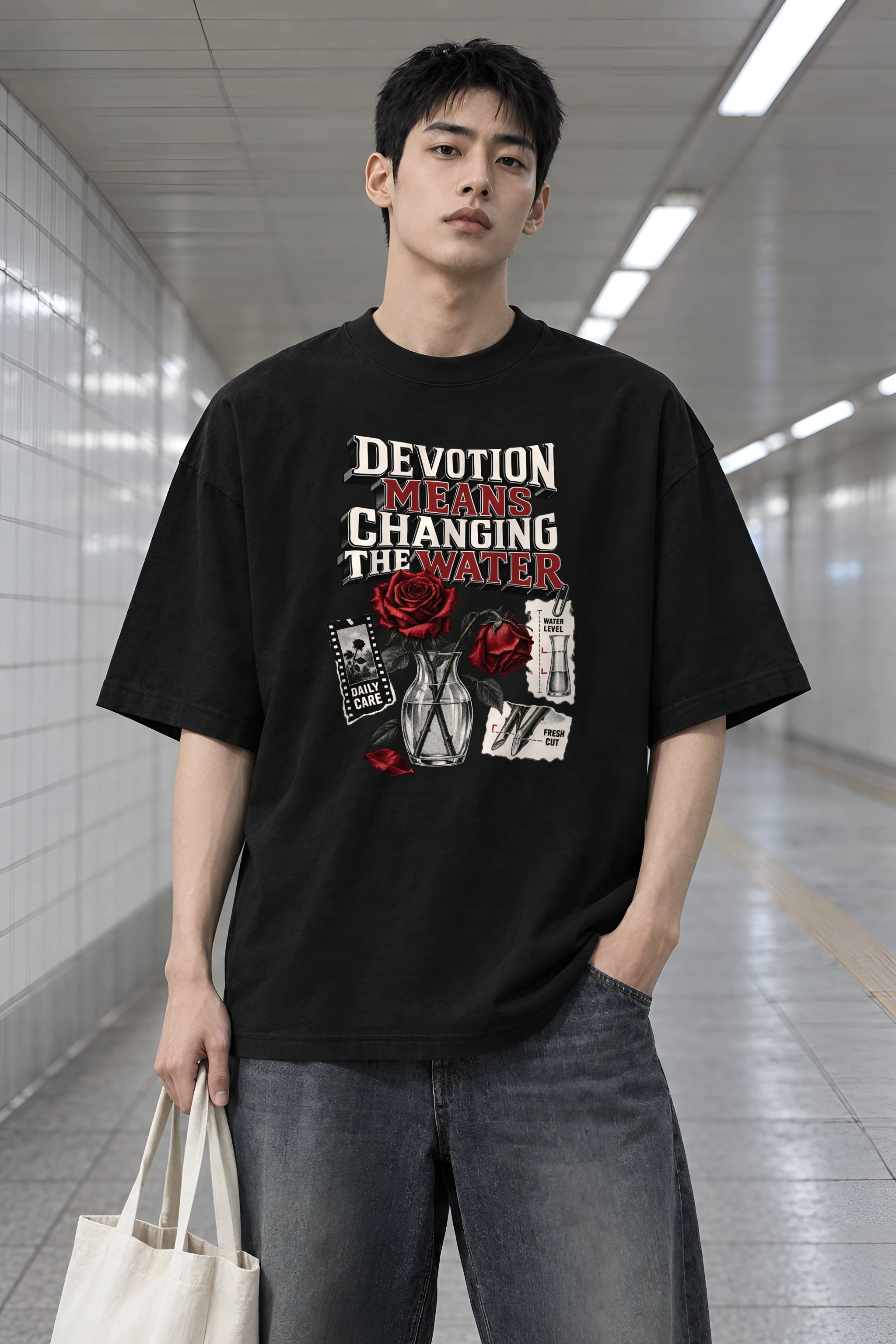 "Devotion Means Changing the Water" Men's Oversized Heavyweight Crewneck T-Shirt