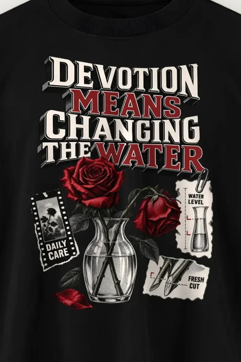 "Devotion Means Changing the Water" Men’s Oversized Heavyweight Crewneck T-Shirt - the graphic up close