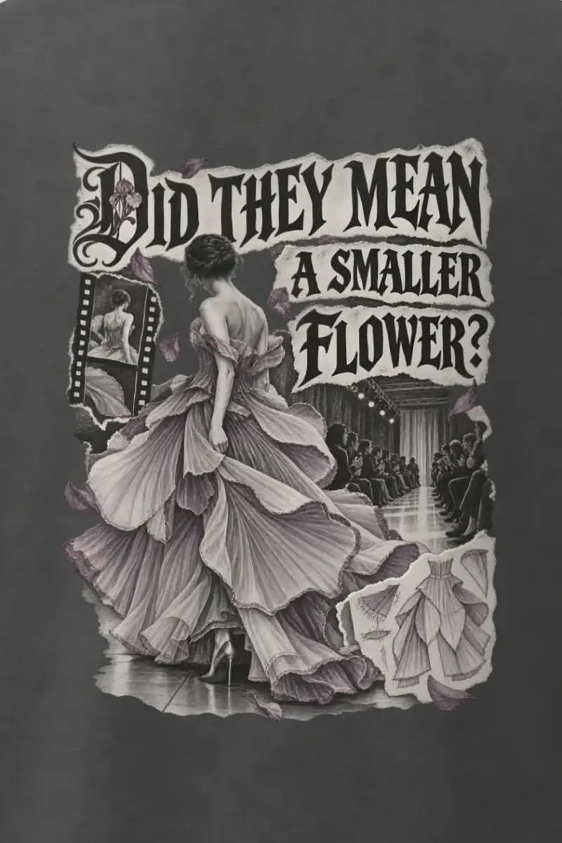 "Did They Mean a Smaller Flower?" Men’s Oversized Heavyweight Crewneck T-Shirt - the graphic up close