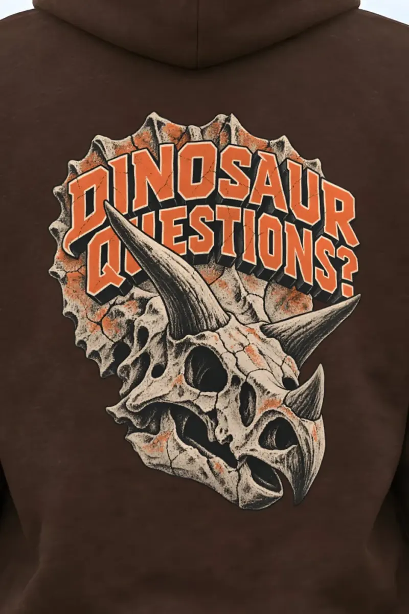 "Dinosaur Questions Triceratops Skull" Heavy Blend Unisex Pullover Hoodie - the graphic up close