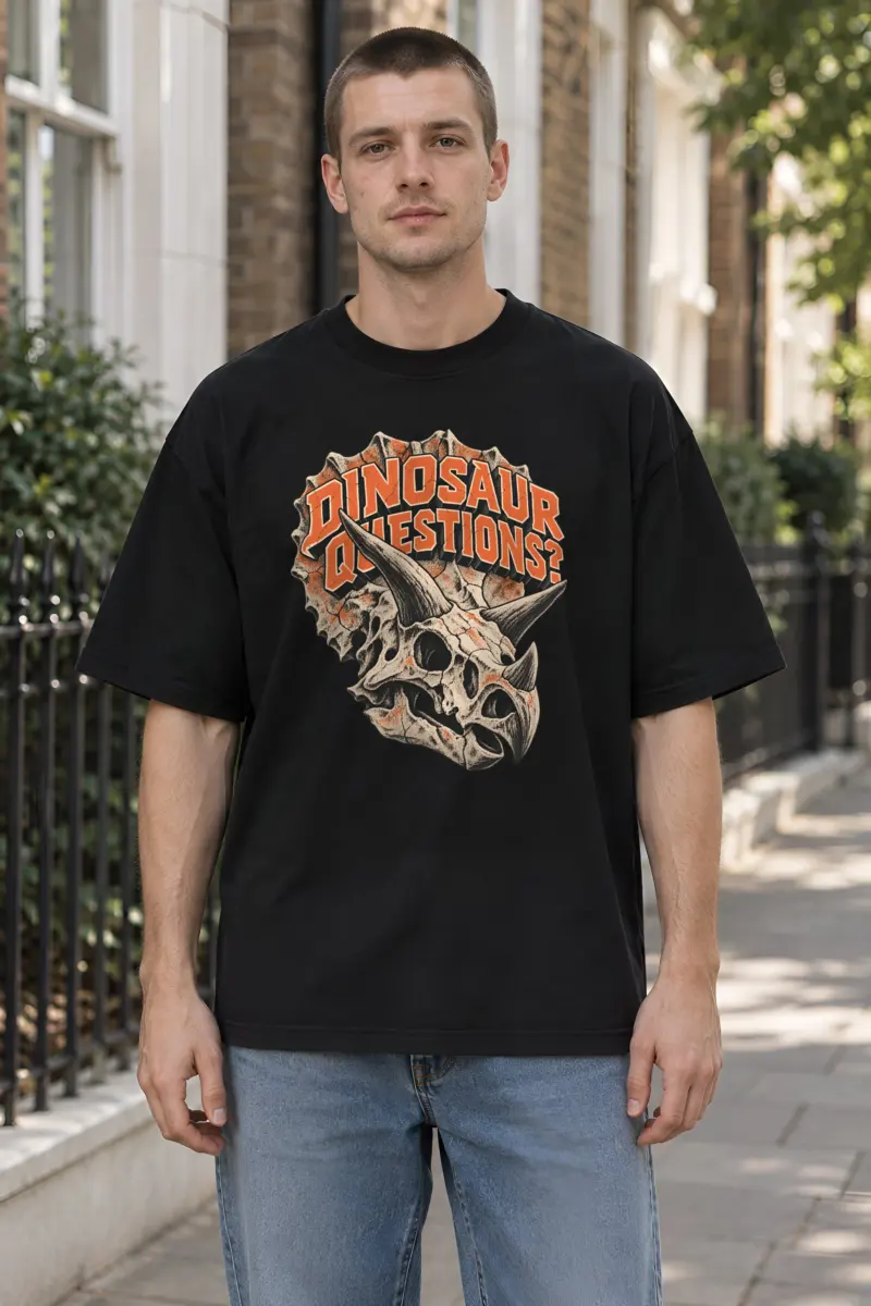 "Dinosaur Questions Triceratops Skull" Unisex Oversized Heavyweight Crewneck T-Shirt