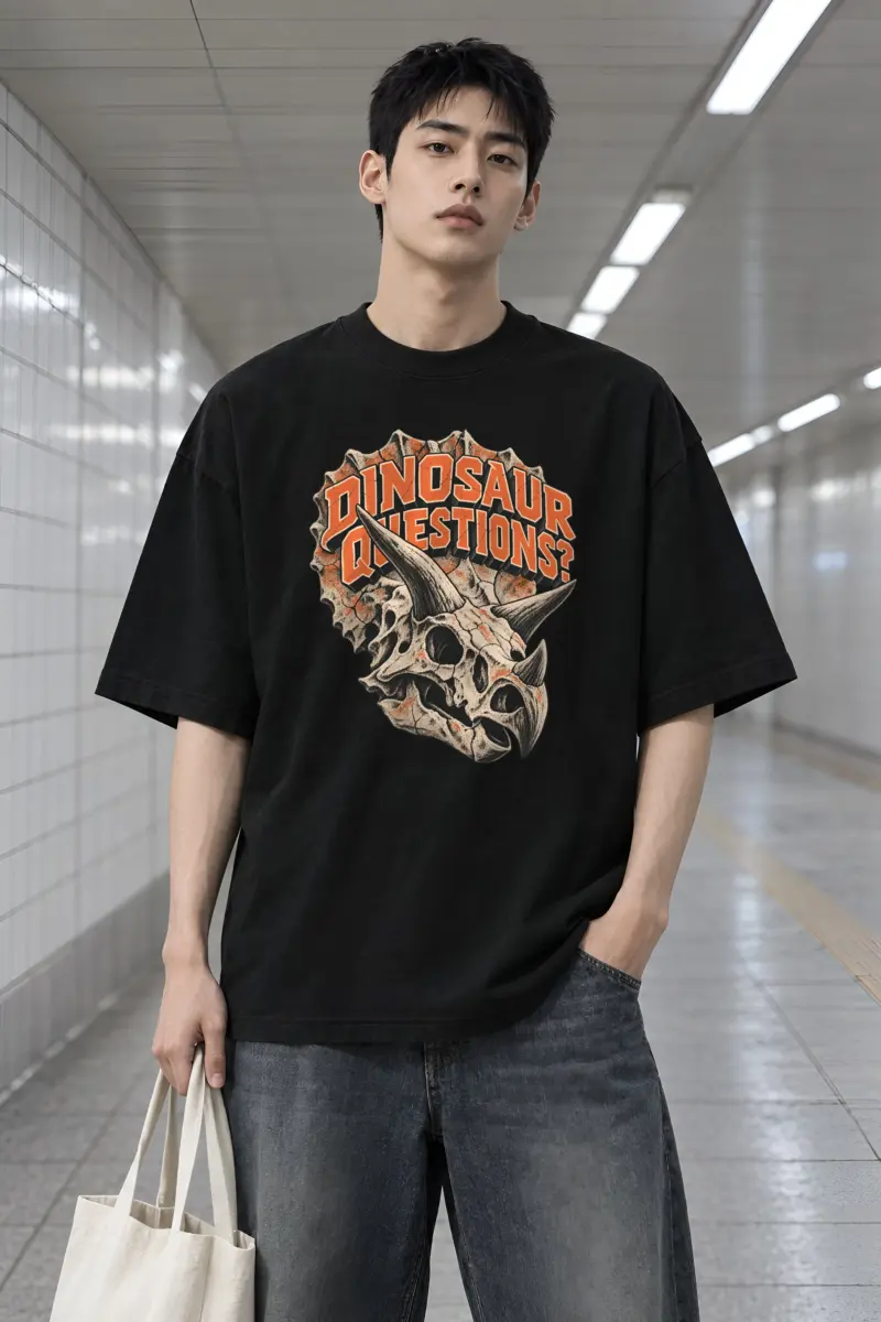“Dinosaur Questions Triceratops Skull” Men’s Oversized Heavyweight Crewneck T-Shirt