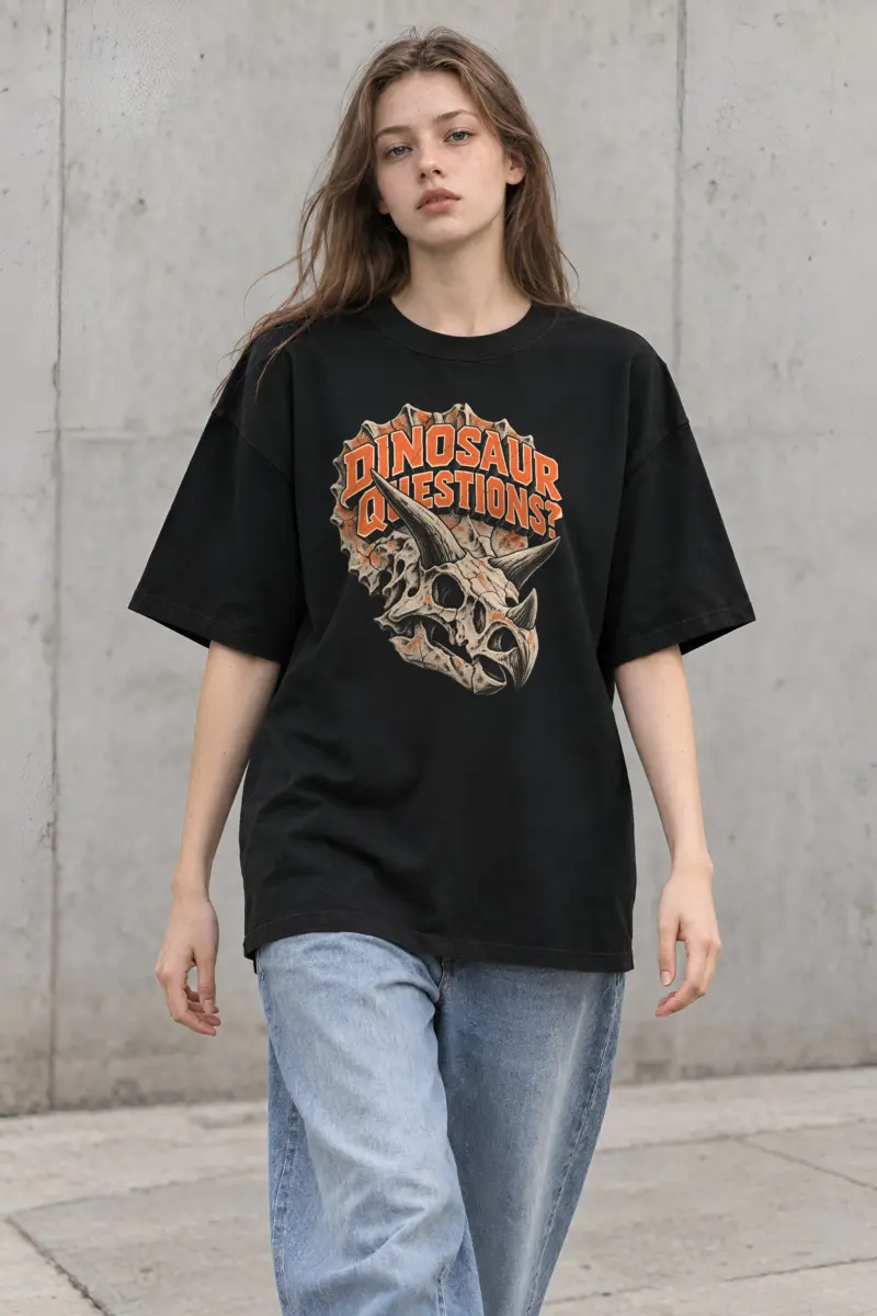 "Dinosaur Questions Triceratops Skull" Unisex Oversized Heavyweight Crewneck T-Shirt