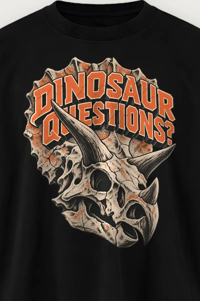 "Dinosaur Questions Triceratops Skull" Men’s Oversized Heavyweight Crewneck T-Shirt - the graphic up close