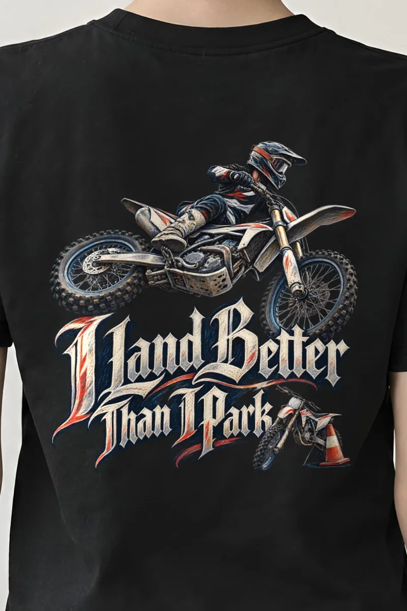 "Dirt Bike Parking Joke" Heavyweight Unisex Crewneck T-shirt - the graphic up close