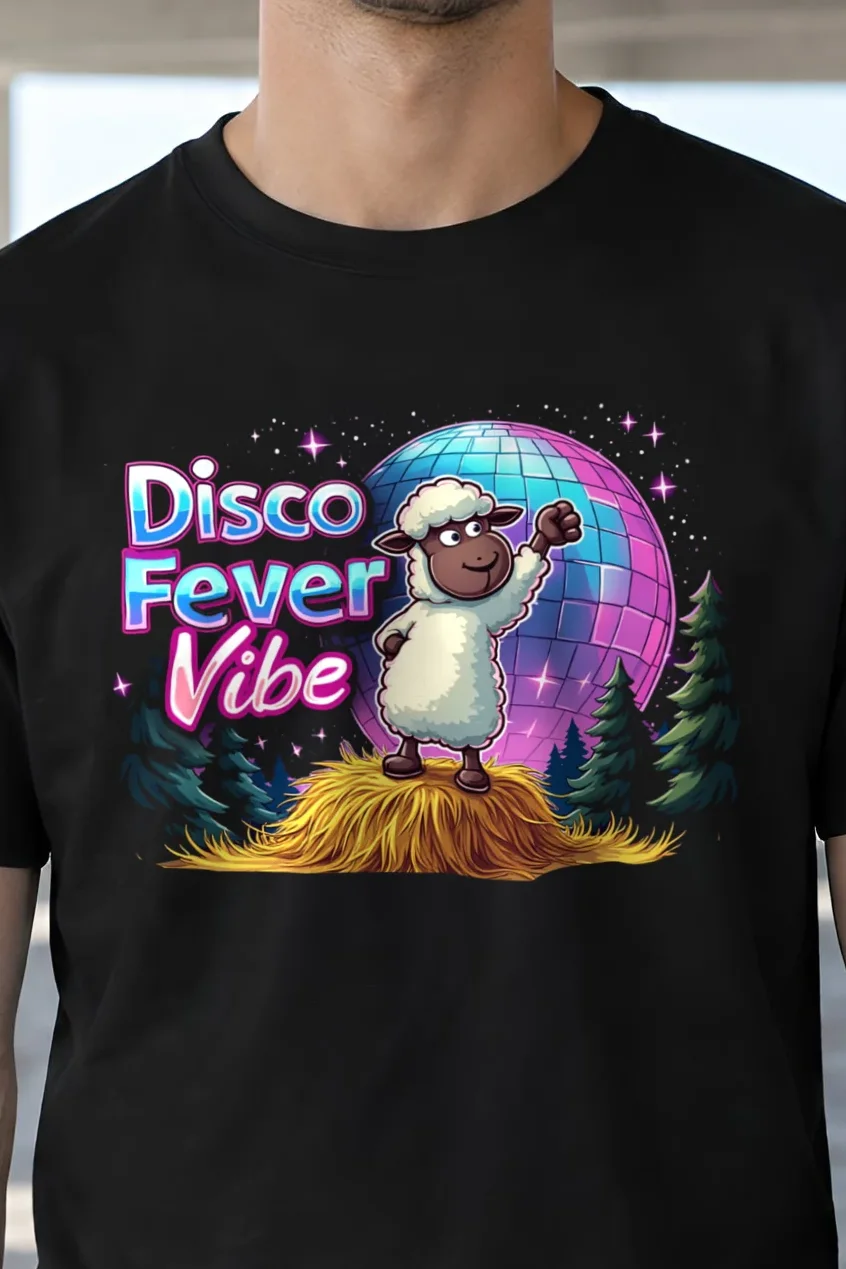 "Disco Fever Vibe" Heavyweight Unisex Crewneck T-shirt - the graphic up close
