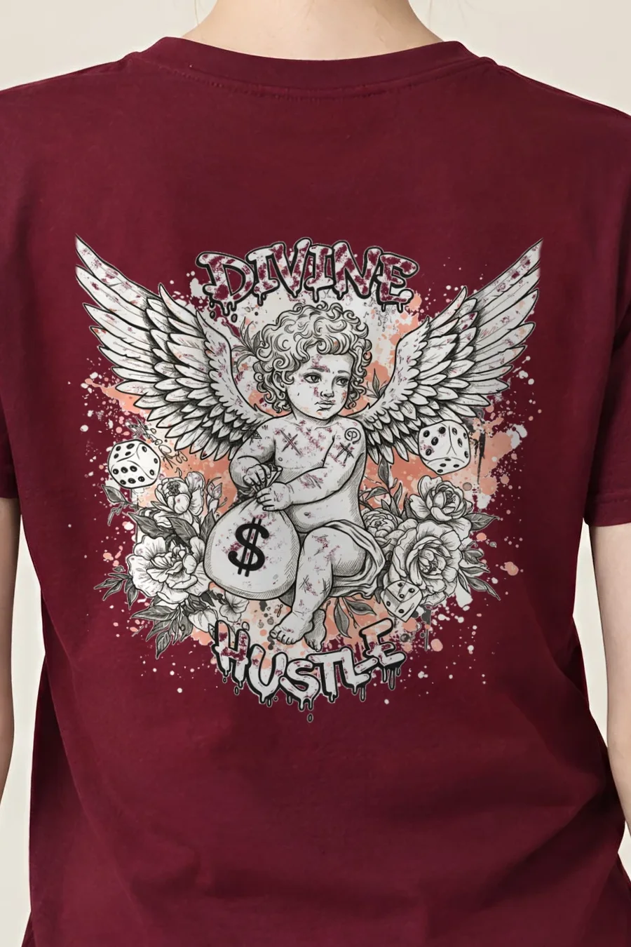 "Divine Hustle" Heavyweight Unisex Crewneck T-shirt - the graphic up close