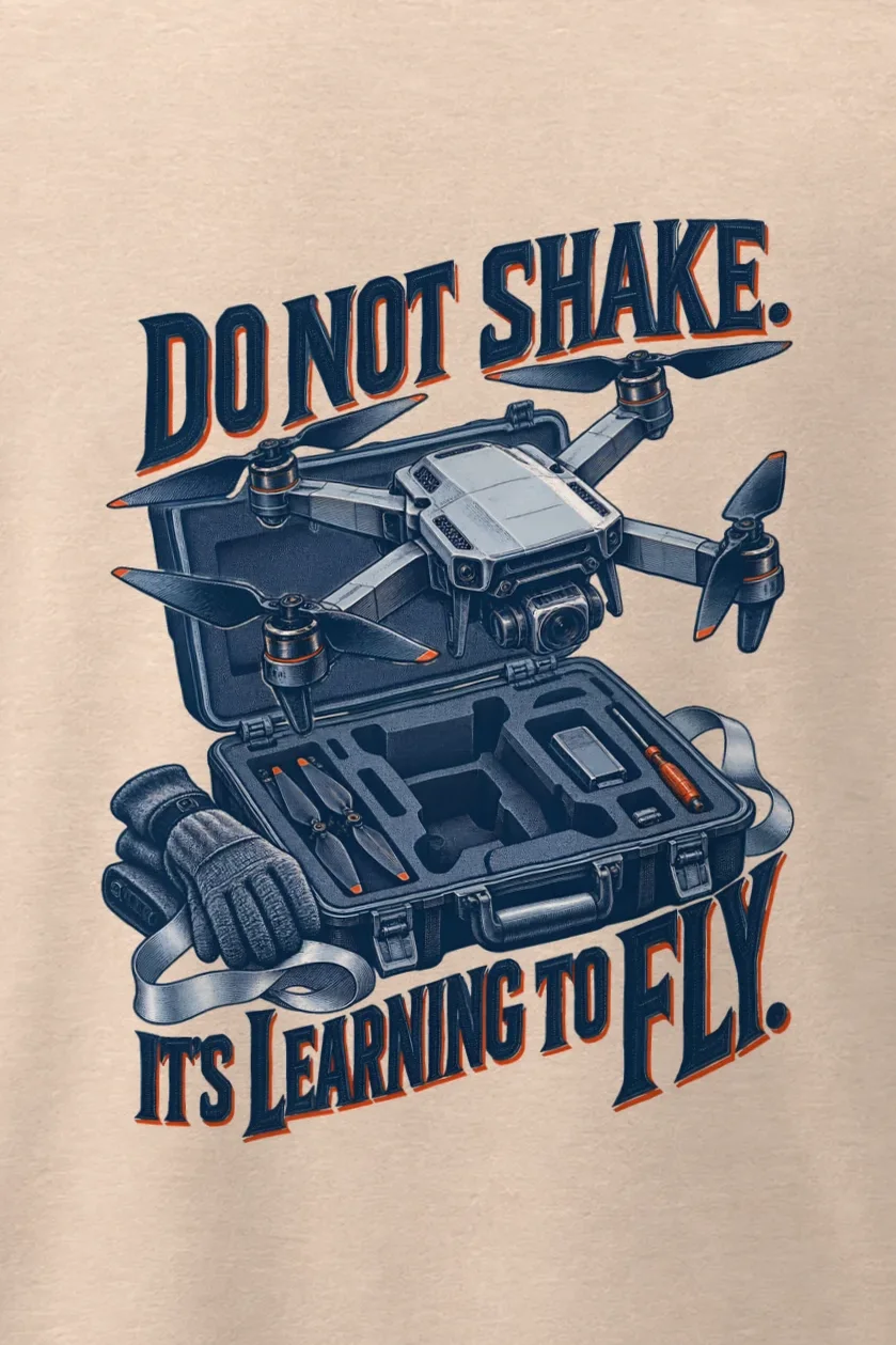 "Do Not Shake Drone" Men’s Oversized Heavyweight Crewneck T-Shirt - the graphic up close