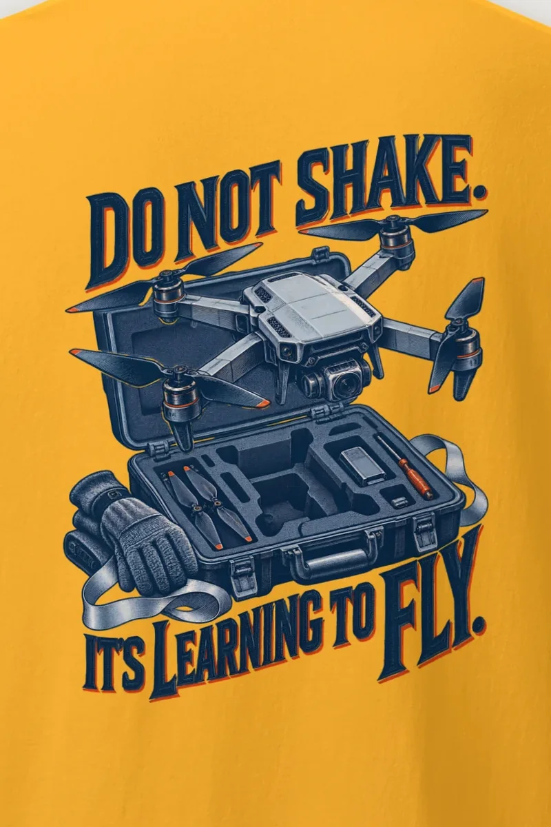 "Do Not Shake, Learning to Fly" Heavyweight Unisex Crewneck T-shirt - the graphic up close