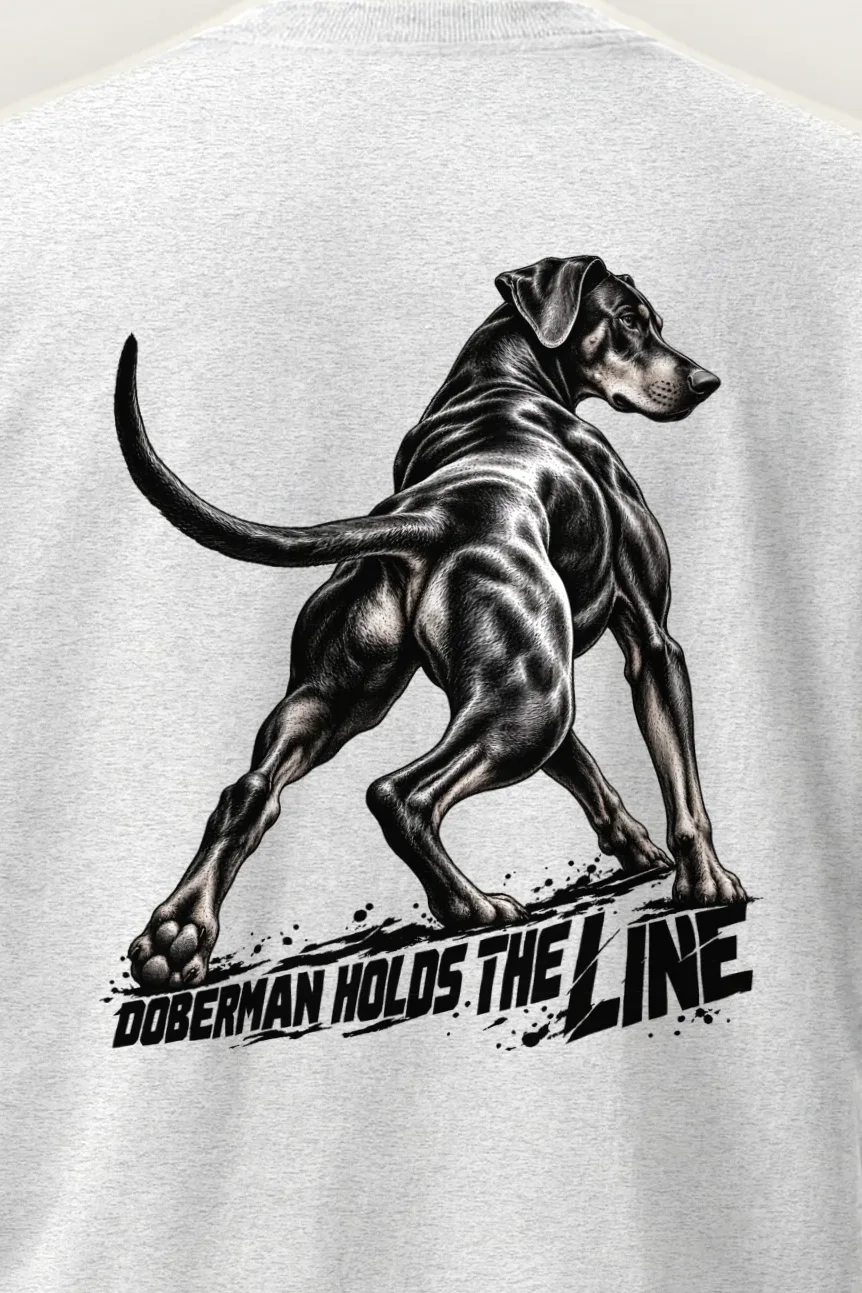 "Doberman Holds the Line" Heavyweight Unisex Crewneck T-shirt - the graphic up close