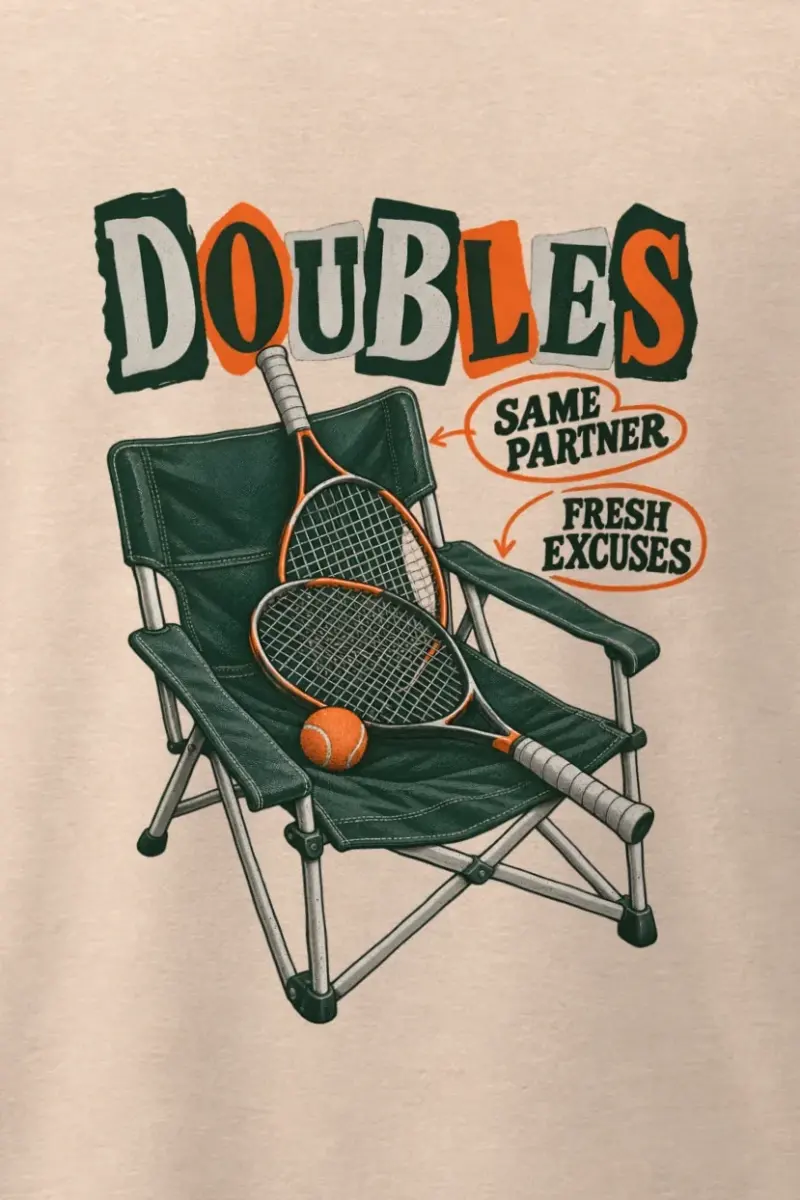 "Doubles Same Partner Fresh Excuses" Men’s Oversized Heavyweight Crewneck T-Shirt - the graphic up close