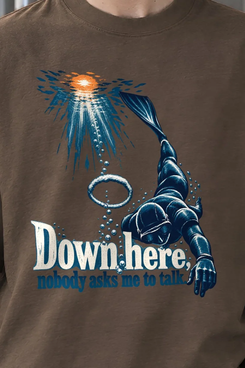 "Down Here" Unisex Oversized Heavyweight Crewneck T-Shirt - the graphic up close