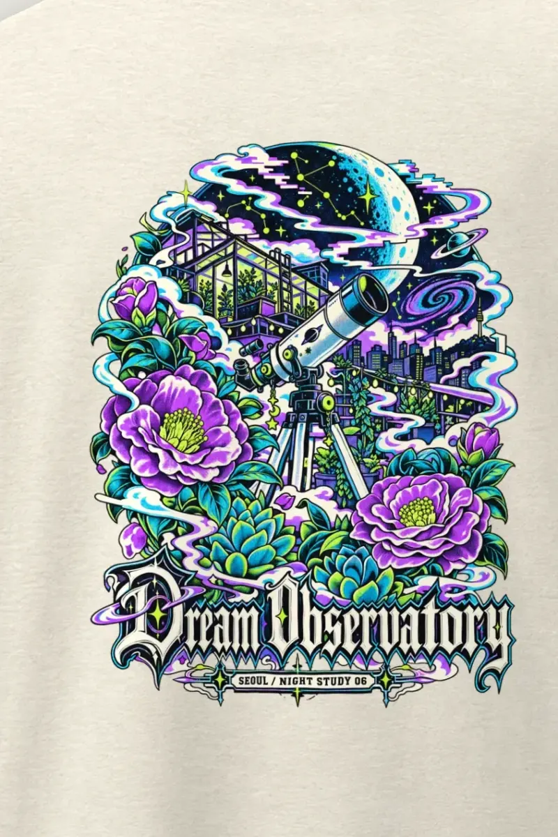 "Dream Observatory" Men’s Oversized Heavyweight Crewneck T-Shirt - the graphic up close