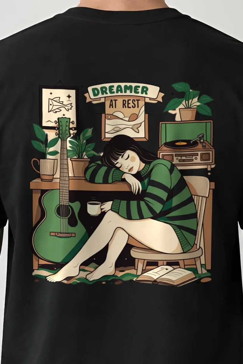"Dreamer At Rest" Heavyweight Unisex Crewneck T-shirt - the graphic up close