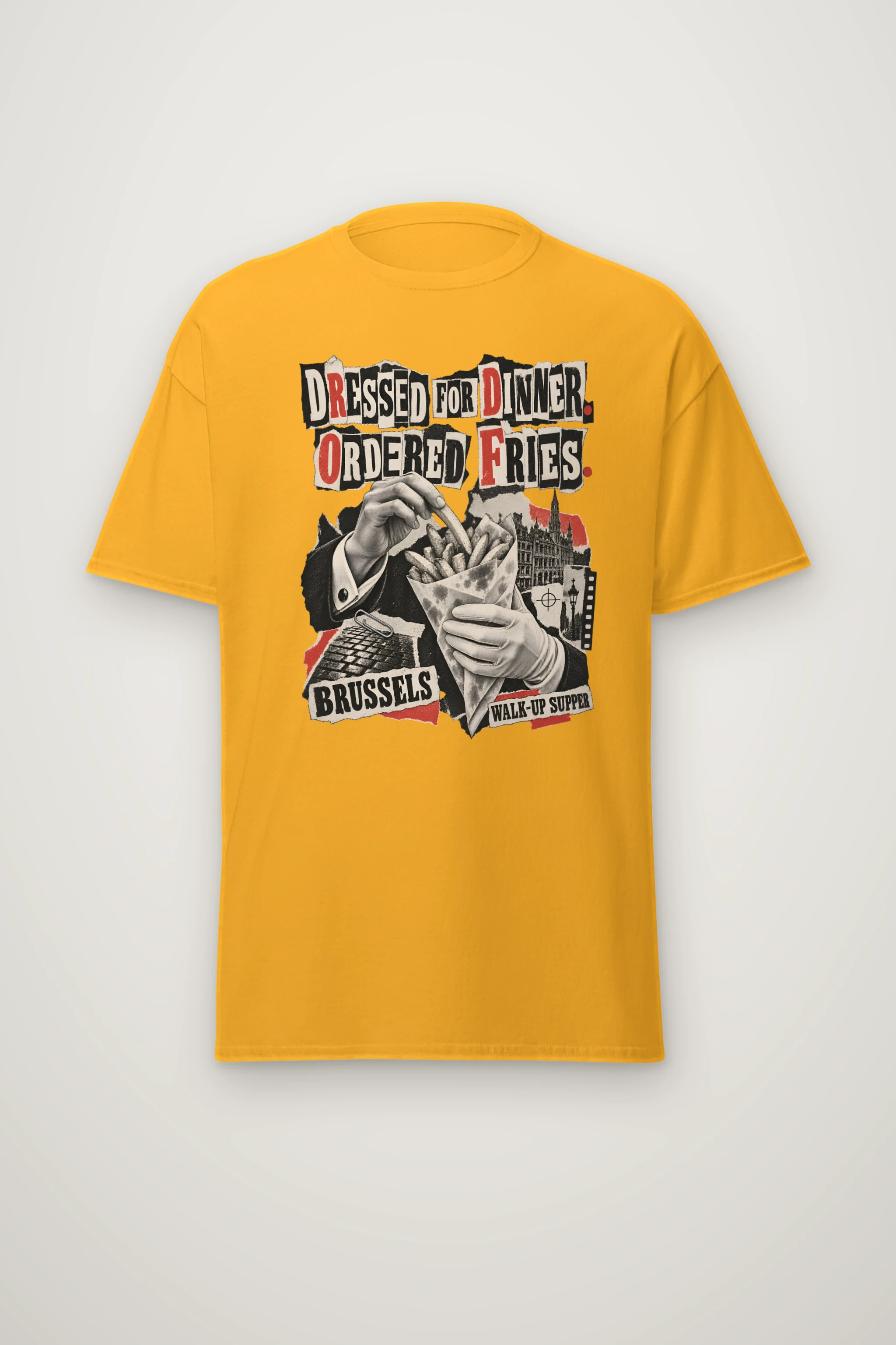 "Dressed For Dinner. Ordered Fries." Heavyweight Unisex Crewneck T-shirt