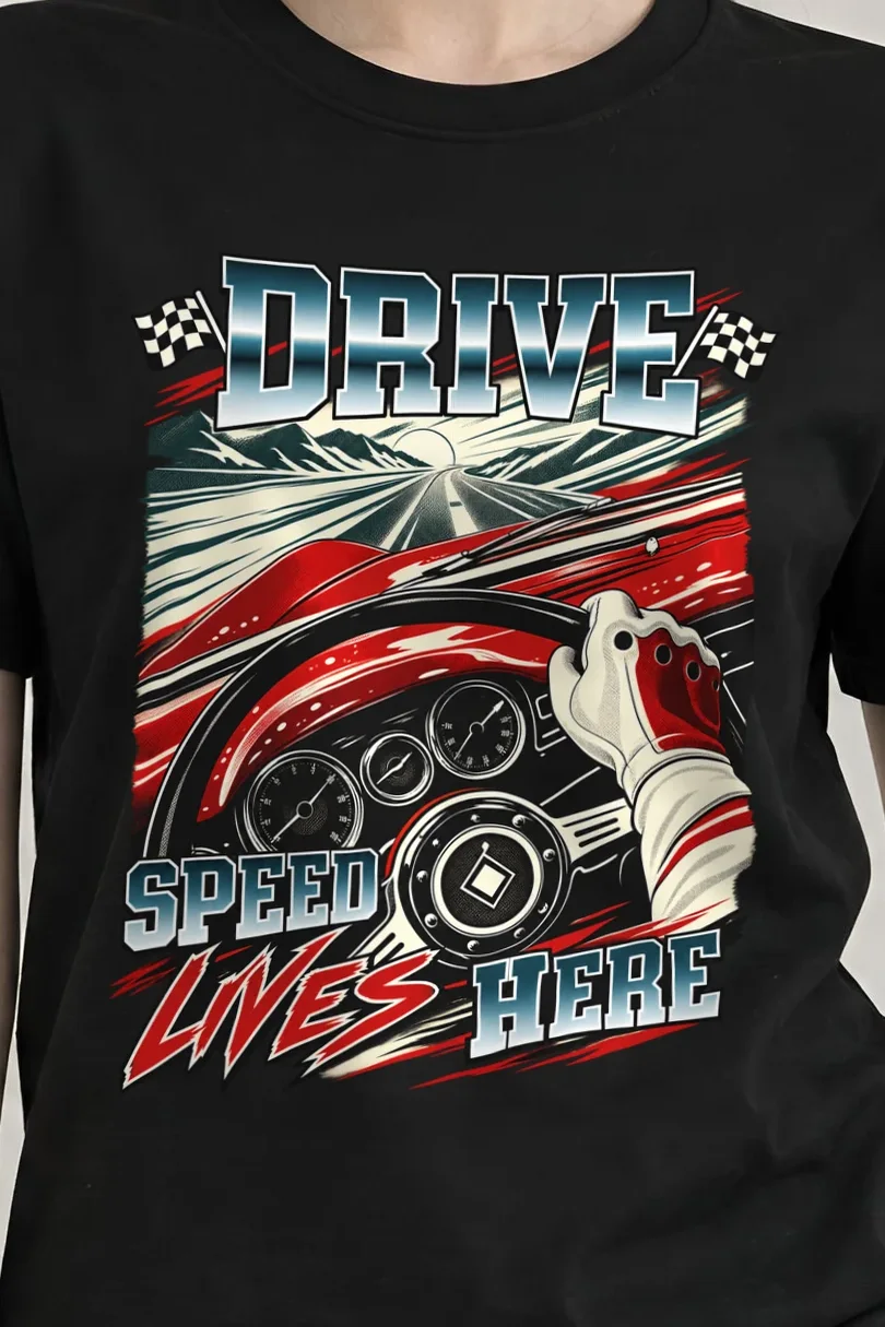"Drive Speed Lives Here" Heavyweight Unisex Crewneck T-shirt - the graphic up close
