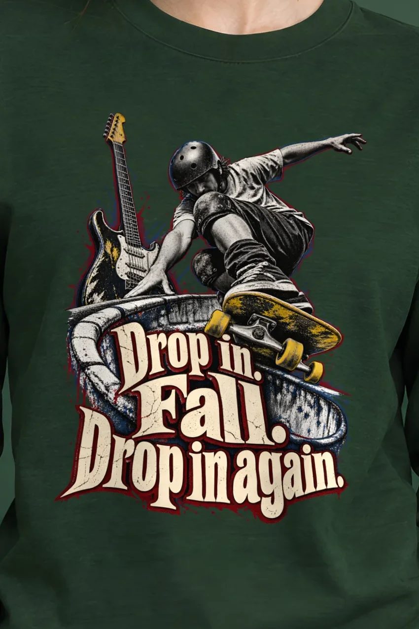 "Drop In. Fall. Drop In Again." Unisex Longsleeve T-shirt - the graphic up close