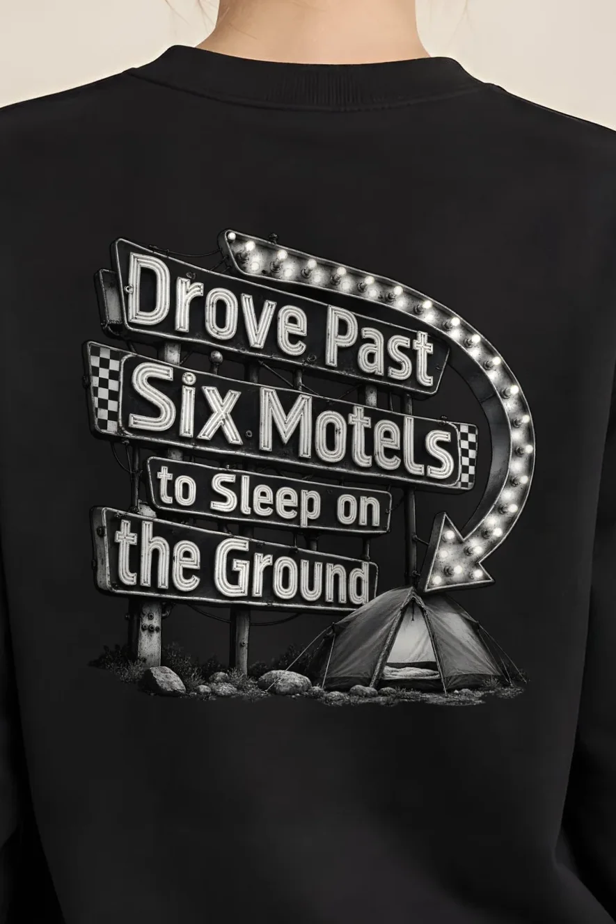 "Drove Past Six Motels" Heavy Blend Unisex Crewneck Sweatshirt - the graphic up close