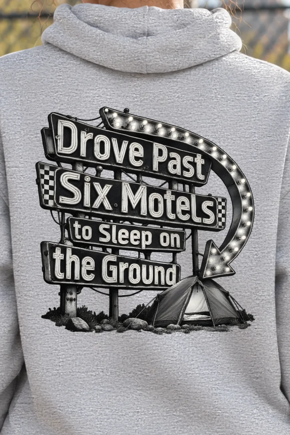 "Drove Past Six Motels" Heavy Blend Unisex Pullover Hoodie - the graphic up close