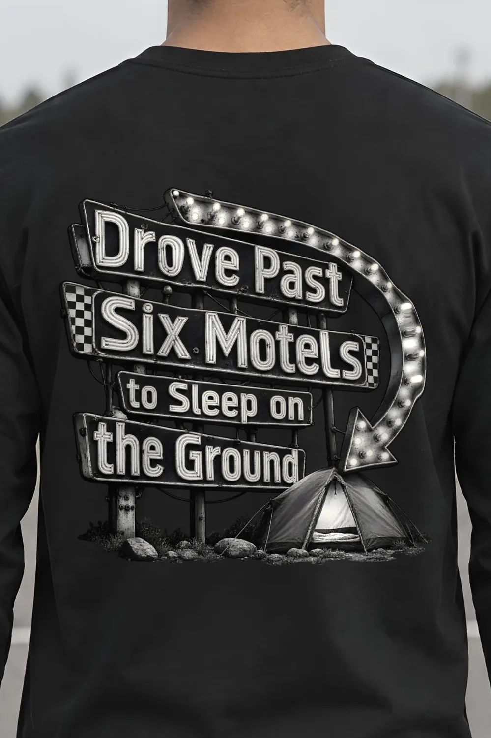 "Drove Past Six Motels" Unisex Longsleeve T-shirt - the graphic up close