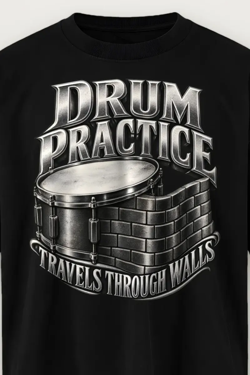 "Drum Practice Travels Through Walls" Men’s Oversized Heavyweight Crewneck T-Shirt - the graphic up close
