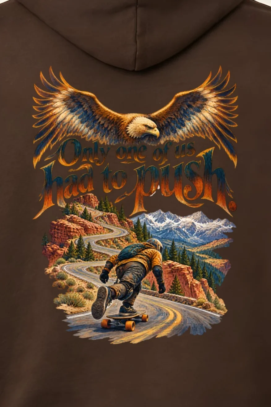 "Eagle Downhill Skateboard Hoodie" Unisex Pullover Hoodie - the graphic up close