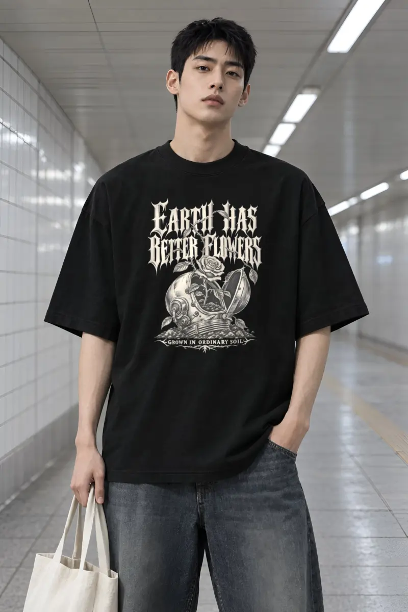 "Earth Has Better Flowers" Men's Oversized Heavyweight Crewneck T-Shirt