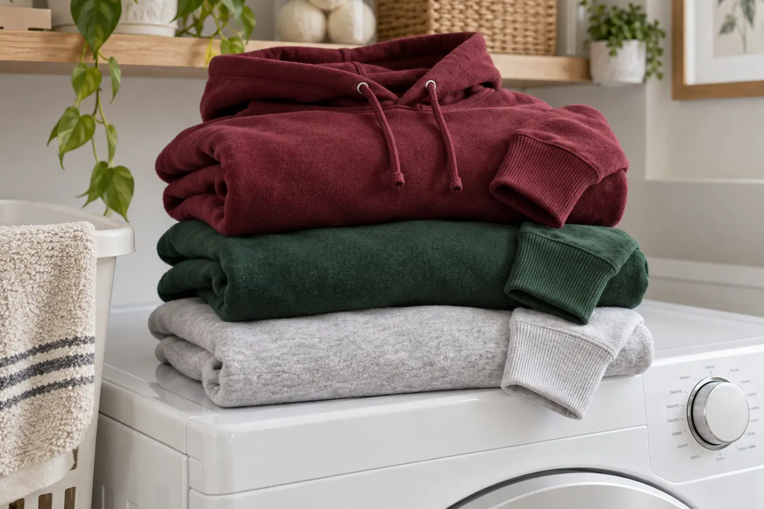 A folded stack of fleece hoodies in garnet, forest green and ash heather on top of a white front-loading dryer in a tidy