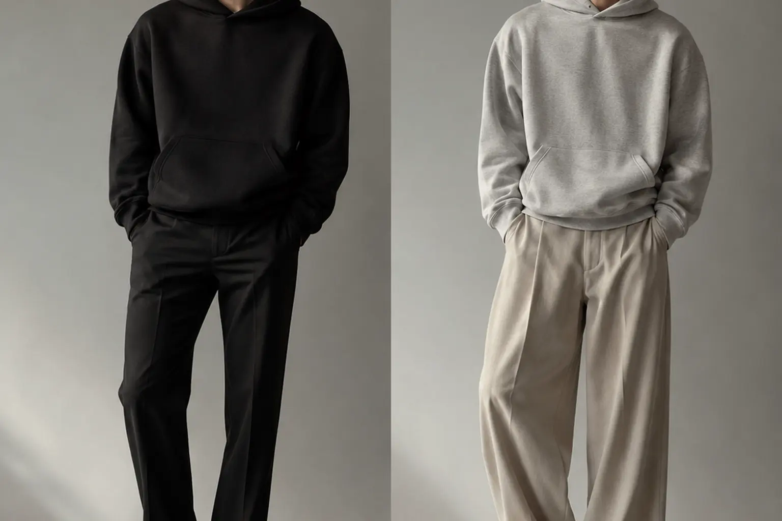 Create an editorial arrangement comparing a plain dark trouser outfit with a wider neutral trouser outfit, each paired w