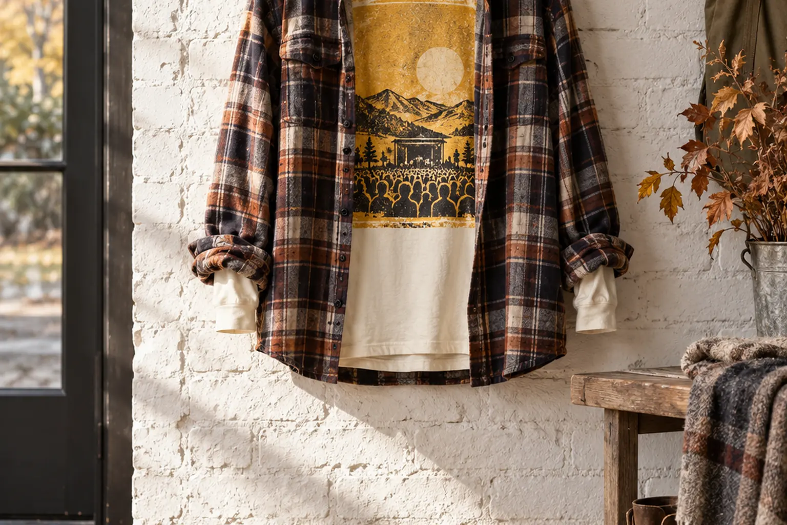 A long-sleeve graphic shirt with a yellow music-poster print, worn under an open flannel overshirt and hung on a wooden