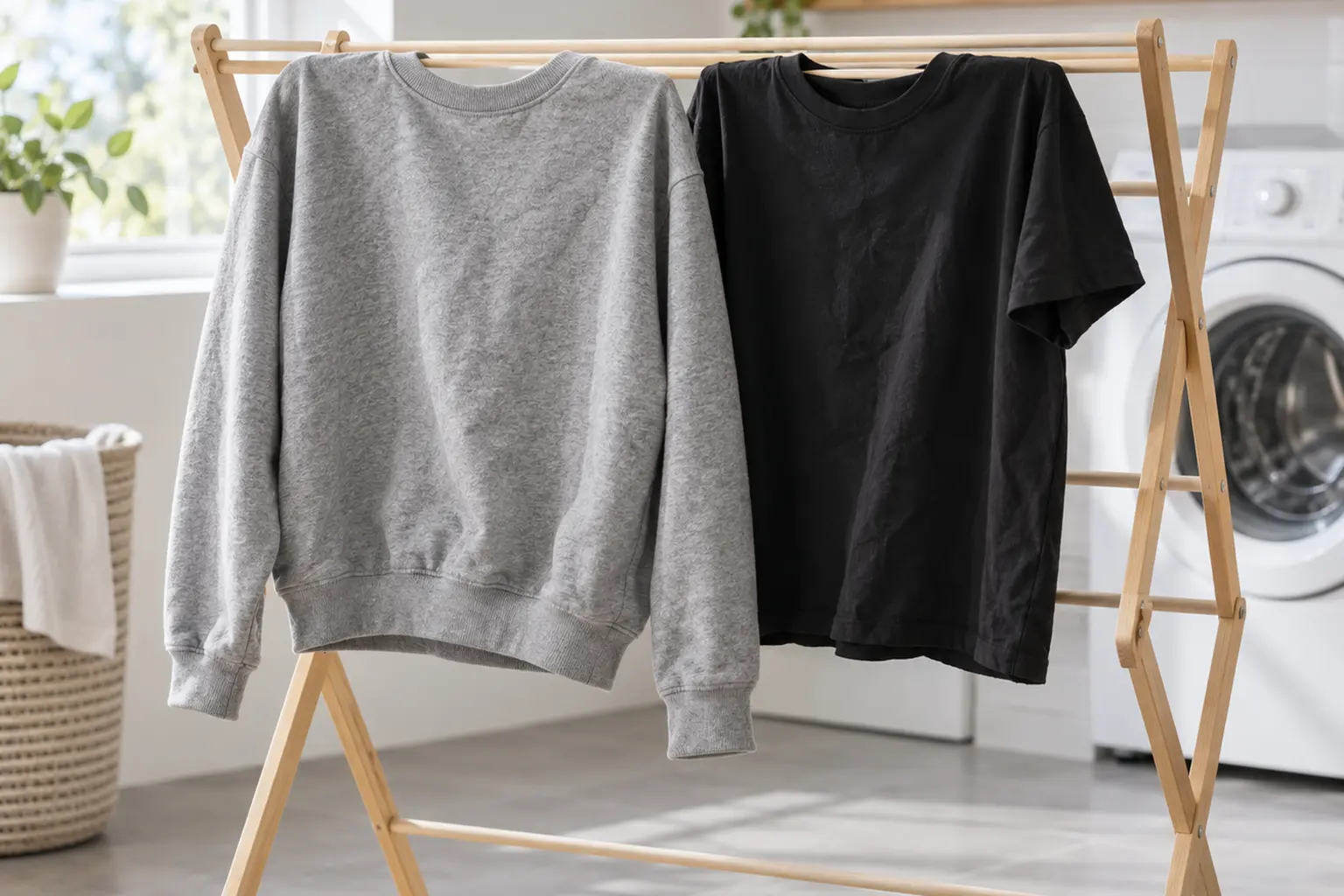 A grey crewneck sweatshirt and a black T-shirt hanging on a wooden drying rack in a bright laundry room, with a washing