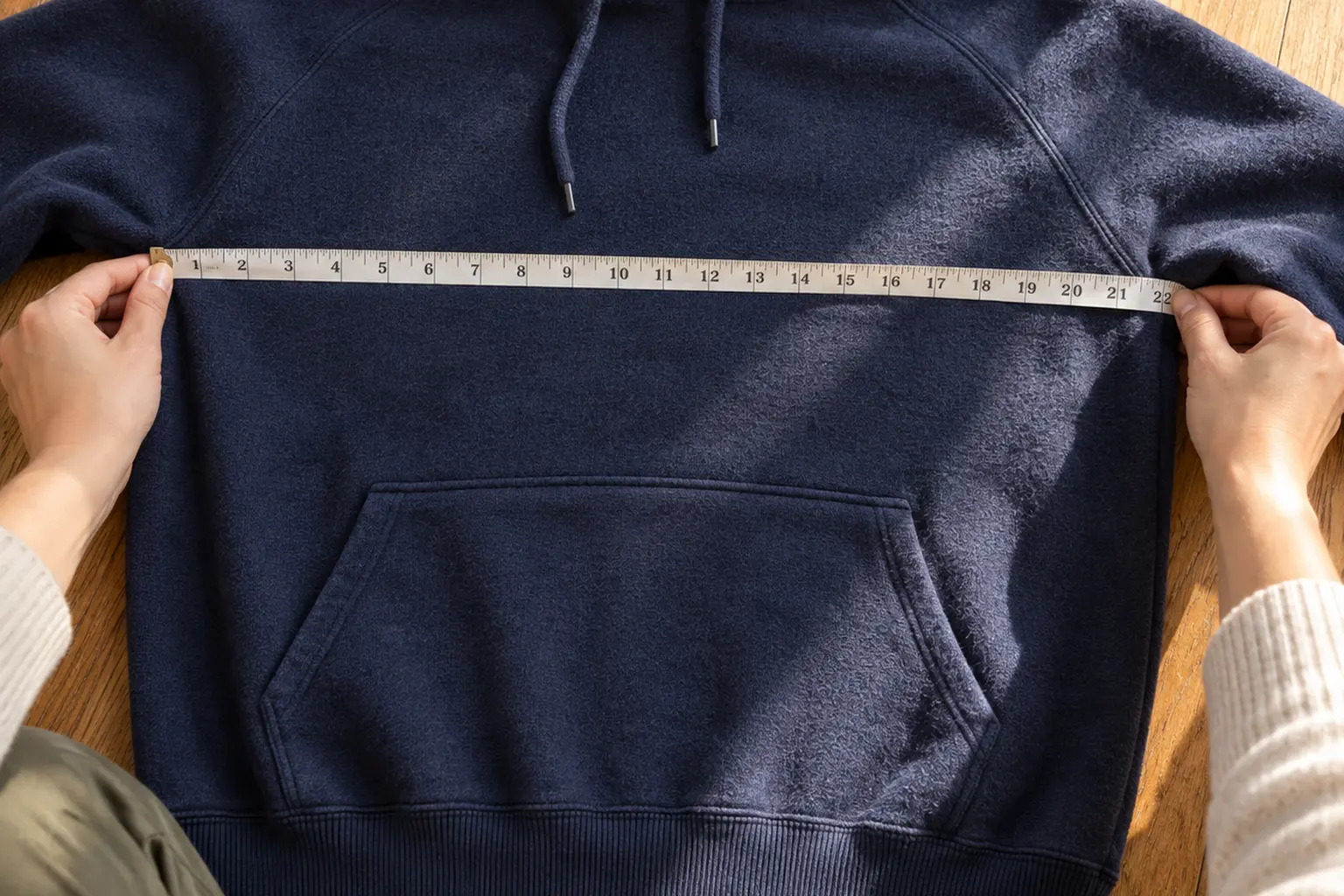 Close overhead view of hands holding a soft tape measure flat across the chest of a navy fleece hoodie on a hardwood flo