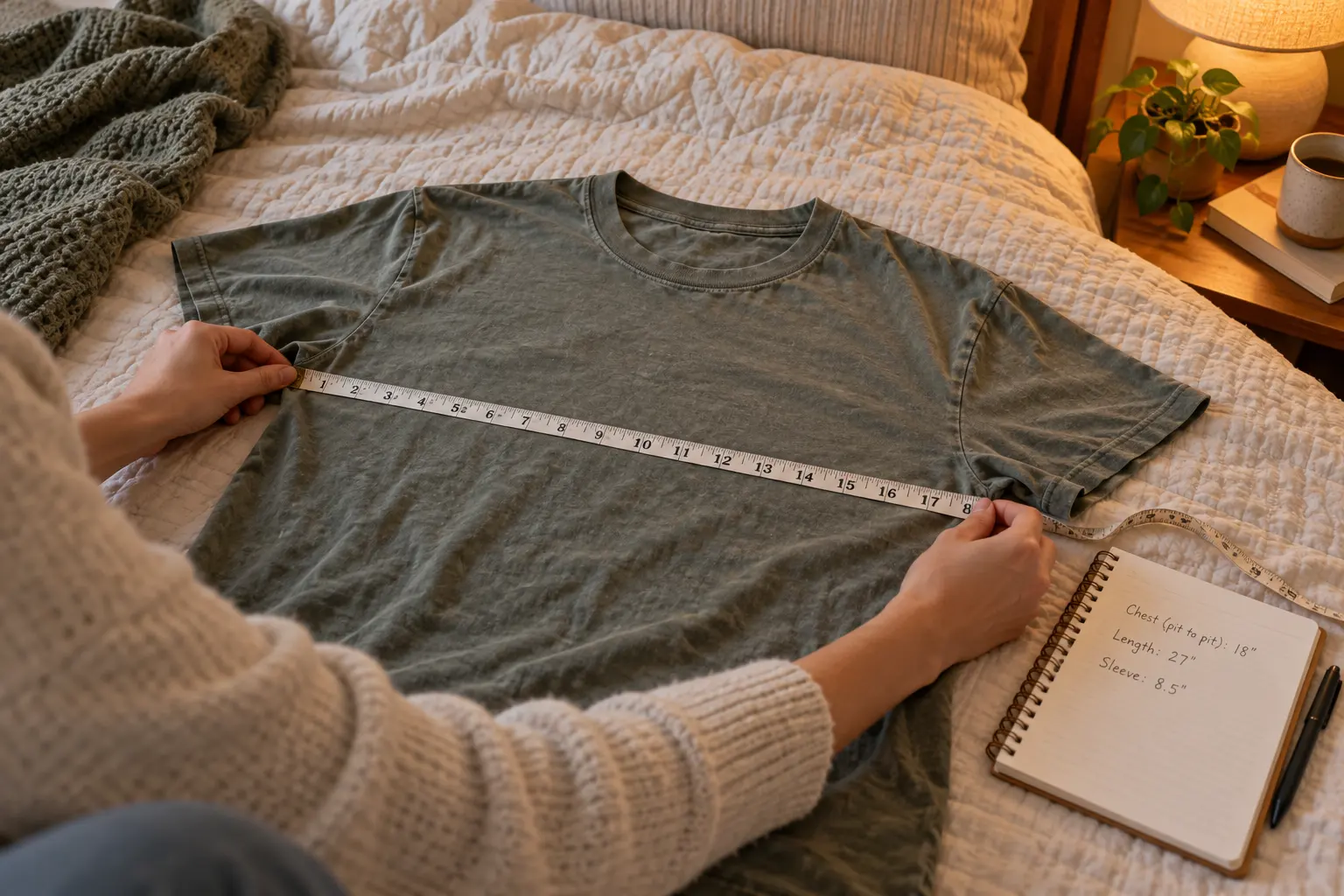 A pair of hands measuring a favorite worn T-shirt laid flat on a bed, a fabric tape stretched straight across the chest