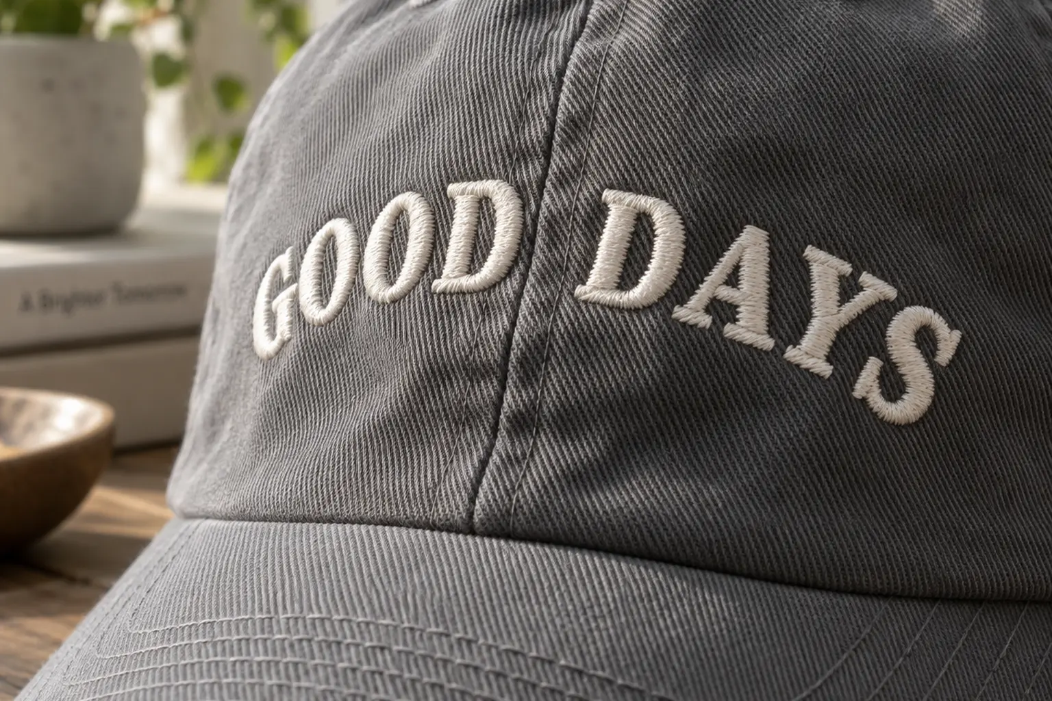 A close macro shot of the front of an unstructured gray dad hat, showing densely stitched white lettering curving slight